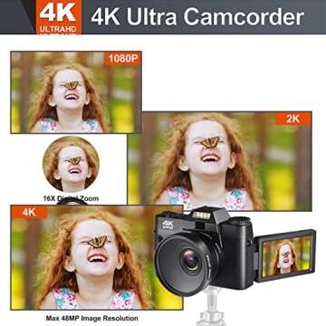 4K Digital Vlogging Camera for YouTube Autofocus Camcorder for Photography 48MP Video Camera with Wi...