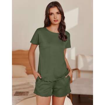 Ekouaer Summer Pajama Set for Women with Pockets, Soft Lounge Shorts & Top with Elastic Cuffs, Sleepwear for Home/Travel
