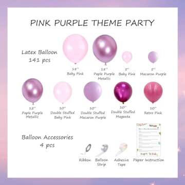 TOPLLON Pink Balloon Garland Arch Kit 135 Pcs, Double Stuffed Baby Shower Decorations for Girl with Macaron Purple Dusty Pink Balloons for Birthday Party Decorations