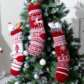 JOYIN 3 Pack 18” Knit Christmas Stockings, Reindeer/Christmas Tree/Snow Flakes Knitted Stocking Decorations for Holiday Tree Decor