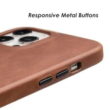 Wilken Leather Wrapped Case Compatible with iPhone 13 Pro | Compatible with MagSafe and Wireless Charging | Top Grain Leather | Custom Metal Button Controls (13 Pro, Brown)