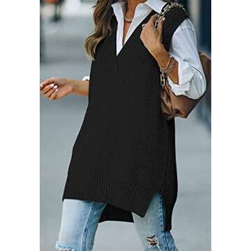 Viottiset Women's Oversized V Neck Knit Sweater Vest Sleeveless Tunic Top Black Medium