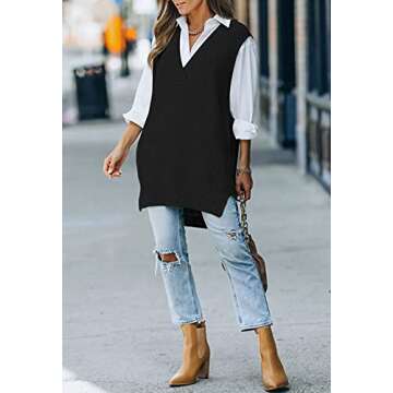 Viottiset Women's Oversized V Neck Knit Sweater Vest Sleeveless Tunic Top Black Medium