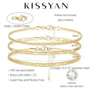 KissYan Gold Layered Ankle Bracelets for Women, Dainty 14k Gold Plated Layering Anklets Set Adjustable Fashion Cuban Link Snake Tennis Chain Ankles Summer Beach Foot Jewelry for Women