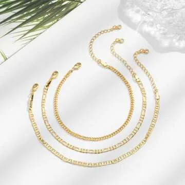 KissYan Gold Layered Ankle Bracelets for Women, Dainty 14k Gold Plated Layering Anklets Set Adjustable Fashion Cuban Link Snake Tennis Chain Ankles Summer Beach Foot Jewelry for Women