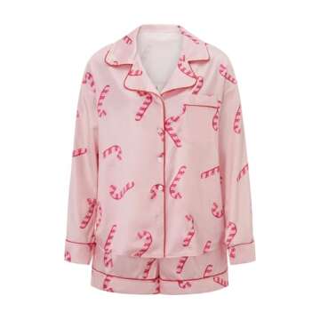 Aonoapll Women Christmas Pajamas Shorts Set Pink Candy Cane Pjs Long Sleeve Button Down Shirt Shorts 2 Piece Xmas Jammiesr(Bb Print Pink,Small)