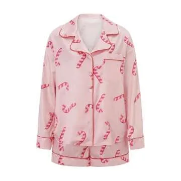 Aonoapll Women Christmas Pajamas Shorts Set Pink Candy Cane Pjs Long Sleeve Button Down Shirt Shorts 2 Piece Xmas Jammiesr(Bb Print Pink,Small)