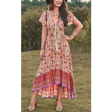 PRETTYGARDEN Women's Bohemian Floral Printed Deep V Neck Summer Dresses Tie Short Sleeve High Low Be...