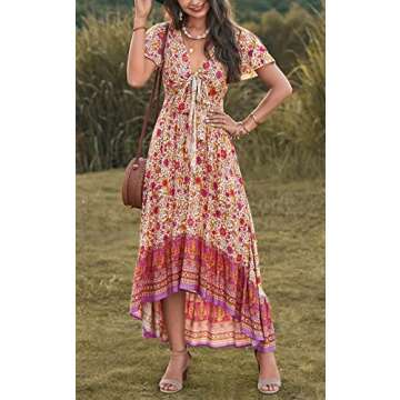 PRETTYGARDEN Women's Bohemian Floral Printed Deep V Neck Summer Dresses Tie Short Sleeve High Low Beach Party Maxi Dress (Apricot Rose Red Flower,Large)