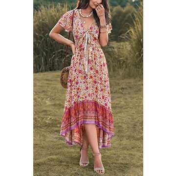 PRETTYGARDEN Women's Bohemian Floral Printed Deep V Neck Summer Dresses Tie Short Sleeve High Low Beach Party Maxi Dress (Apricot Rose Red Flower,Large)