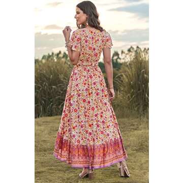 PRETTYGARDEN Women's Bohemian Floral Printed Deep V Neck Summer Dresses Tie Short Sleeve High Low Beach Party Maxi Dress (Apricot Rose Red Flower,Large)