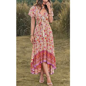 PRETTYGARDEN Women's Bohemian Floral Printed Deep V Neck Summer Dresses Tie Short Sleeve High Low Beach Party Maxi Dress (Apricot Rose Red Flower,Large)