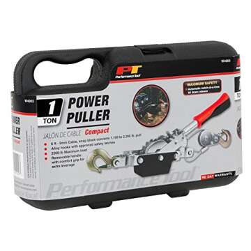 Performance Tool W4003 Compact Power Puller 1 Ton Capacity Winch, 6' Aircraft Cable, Removable Handle & Carrying Case for Easy Storage And Portability