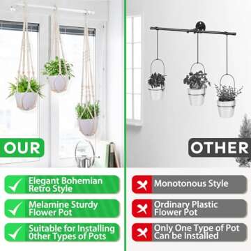 Lorbro Hanging Planter with 3 Macrame Plant Hanger, Wall/Window Plant Hanger with 3 Plants Pots, Hanging Plant Holder for Home Decor, Indoor Outdoor Herb Garden (White)