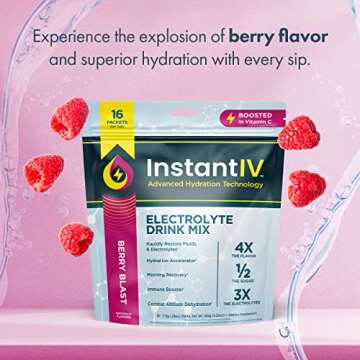 instant IV Electrolytes Powder - 3X Electrolytes,1/2 Sugar with Vitamin C, B3, B6, Electrolytes Powder Packets for Hydration, Recovery & Immunity, Vegan & Gluten Free | Berry Blast - 16 Packets