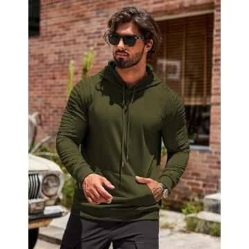 COOFANDY Men's Longd Sleeve Casual Hoodie Drawstring Running Sweatshirt Athletic Pullover with Pocket Army Green XS