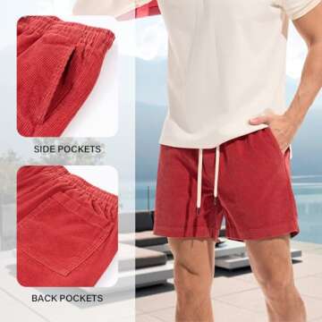 AMY COULEE Mens Corduroy Shorts 5.5" Casual Summer Beach Shorts with Pockets (Red, L)