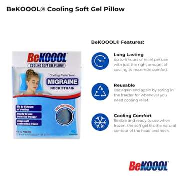 BeKOOOL Cooling Soft Gel Pillow - Reusable Cooling Relief from Migraines, Neck Strain and Fever - Up to 6 Hours of Cooling, Ready to Use, Stays Soft When Frozen