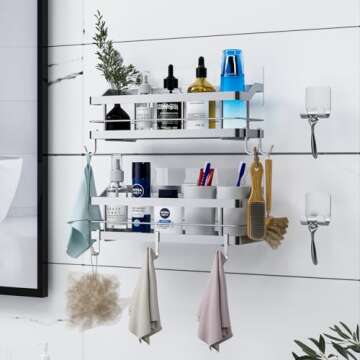 Carwiner Shower Caddy Bathroom Shelf 2-Pack, Basket with 8 Hooks for Hanging Shampoo Conditioner, SUS304 Stainless Steel Rack Wall Mounted Storage Organizer for Kitchen, No Drilling