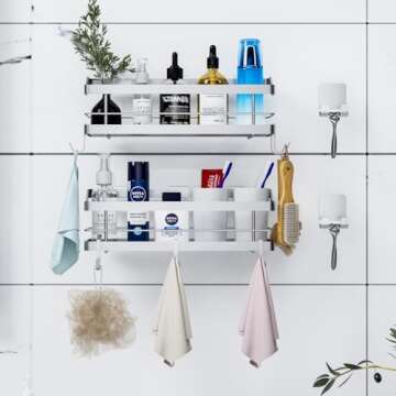 Carwiner Shower Caddy Bathroom Shelf 2-Pack, Basket with 8 Hooks for Hanging Shampoo Conditioner, SUS304 Stainless Steel Rack Wall Mounted Storage Organizer for Kitchen, No Drilling