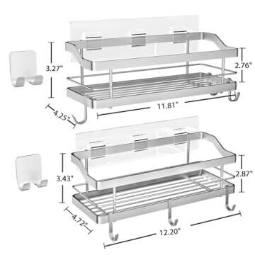 Carwiner Shower Caddy Bathroom Shelf 2-Pack, Basket with 8 Hooks for Hanging Shampoo Conditioner, SUS304 Stainless Steel Rack Wall Mounted Storage Organizer for Kitchen, No Drilling