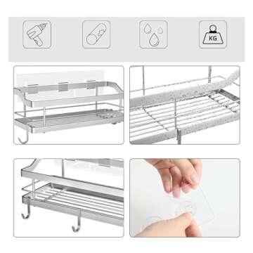 Carwiner Shower Caddy Bathroom Shelf 2-Pack, Basket with 8 Hooks for Hanging Shampoo Conditioner, SUS304 Stainless Steel Rack Wall Mounted Storage Organizer for Kitchen, No Drilling