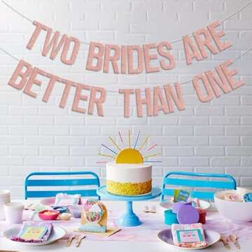Two Brides Are Better Than One Banner, Lesbian Bachelorette Party Decorations/Gay Bridal Shower Wedding Party Supplies Rose Gold Glitter
