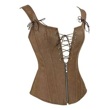 Charmian Women's Renaissance Lace Up Vintage Boned Bustier Corset with Garters Brown Medium