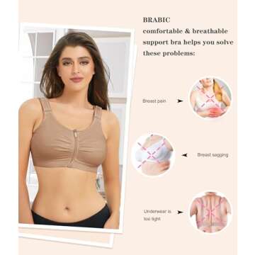 BRABIC Zip Front Closure Everyday Bra for Women Post Surgery Compression Support with Adjustable Straps Wirefree (X-Small, Dark Beige)