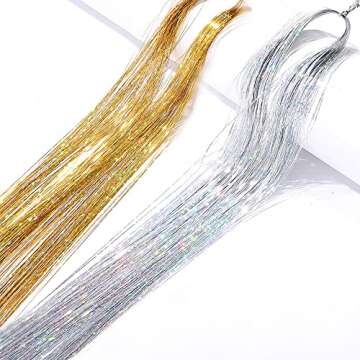 Gold Silver Hair Tinsel Kit With Tool Hair Glitter Feathers Tinsel Extensions Sparkling Fairy Hair T...
