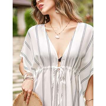 ADOME White Cover Up Striped Swim Bikini Beachwear Bathing Suit Beach Dress