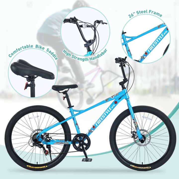 BALINGE（US Stock 26 Inch BMX Style Mountain Bike,MTB 7 Speeds Bicycle,Dual Disc Brake Bicycles City Bike，4 Step Pegs，BMX handlebar Mountain Bike for Student/Senior/Men/Women/Adult，Multiple Colors