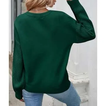 ZESICA Women's Fall Long Sleeve Crew Neck Solid Color Cable Knit Chunky Casual Oversized Pullover Sweater Tops,ForestGreen,Medium