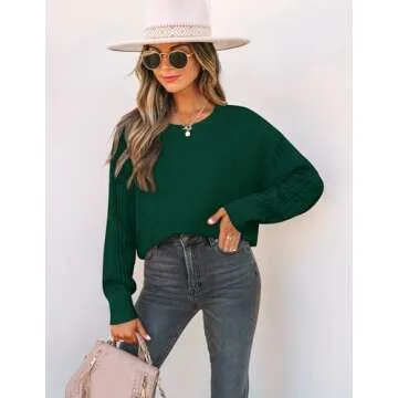 ZESICA Women's Fall Long Sleeve Crew Neck Solid Color Cable Knit Chunky Casual Oversized Pullover Sweater Tops,ForestGreen,Medium