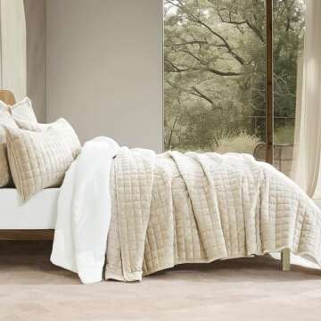 RECYCO Luxury Velvet Quilt Set - Ultra Soft King Size Bedspread with 2 Shams, Beige