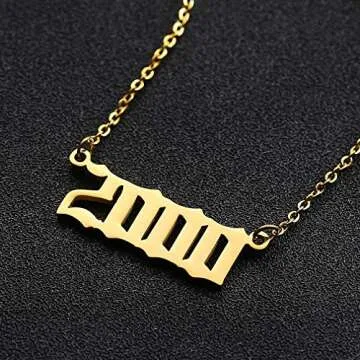SKQIR Birth Years Necklace,Initial Year Number Pendant Necklace Gold Plated Birthday Gift Charm Friendship Old English Arabic Mumerals Stainless Steel Necklace Jewelry for Women Girl（Gold,2000）