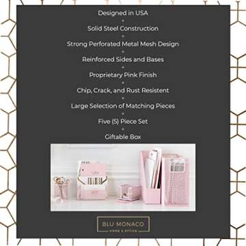BLU MONACO 5 Piece Office Supplies Pink Desk Organizer Set - with Desktop Hanging File Organizer, Magazine Holder, Pen Cup, Sticky Note Holder, Letter sorter - Pink Desk Accessories for Women Office
