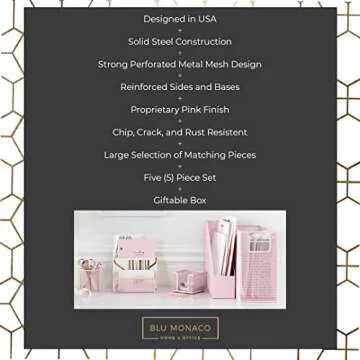 BLU MONACO 5 Piece Office Supplies Pink Desk Organizer Set - with Desktop Hanging File Organizer, Magazine Holder, Pen Cup, Sticky Note Holder, Letter sorter - Pink Desk Accessories for Women Office
