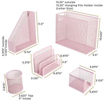 BLU MONACO 5 Piece Office Supplies Pink Desk Organizer Set - with Desktop Hanging File Organizer, Magazine Holder, Pen Cup, Sticky Note Holder, Letter sorter - Pink Desk Accessories for Women Office