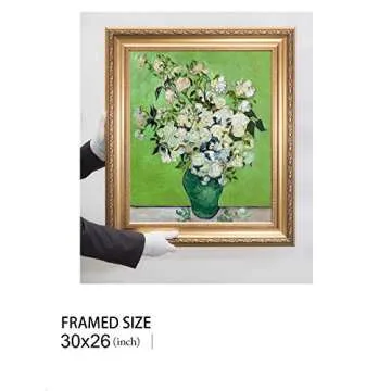 DECORARTS - Pink Roses in a Vase - Vincent Van Gogh. Giclee Print on Canvas with matching Golden-relief Framed Wall Art. Picture Size: 24x20 in, Framed Size: 30x26 in