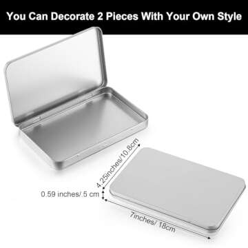 2 Pack Hinged Tin Box Rectangular Metal Tin Box With Lid Metal Hinged Tins Box Containers Silver Metal Rectangular Tins For Watercolor Jewelry Pen Eraser Pill Candy Craft Organize 7 X 4.25 X 0.59'