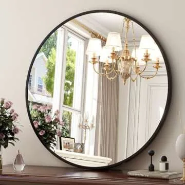 XRAMFY 32 Inch Round Black Metal Wall Mirror - Stylish Circle Mirror for Entryway, Bathroom, and Liv...