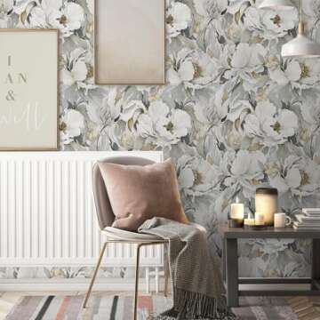 MuralPeel White Poppies Floral Modern Grey Peonies Flowers Peel and Stick Wallpaper Self Adhesive Re...