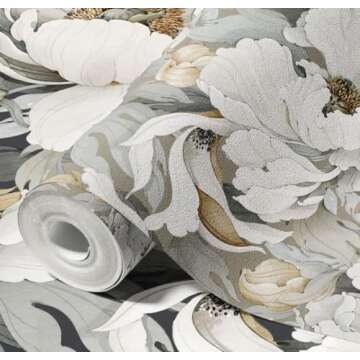 MuralPeel White Poppies Floral Modern Grey Peonies Flowers Peel and Stick Wallpaper Self Adhesive Removable Easy Peel Off Stick on Wall Paper for Bedroom Renter