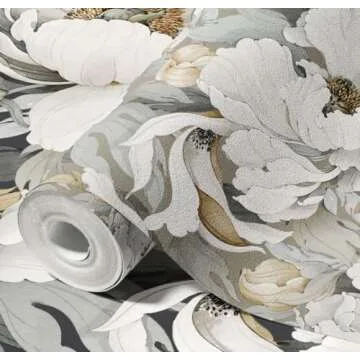 MuralPeel White Poppies Floral Modern Grey Peonies Flowers Peel and Stick Wallpaper Self Adhesive Removable Easy Peel Off Stick on Wall Paper for Bedroom Renter