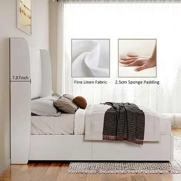 Jocisland King Size Bed Frame with Storage Upholstered Lift Storage Bed Linen Platform Bed with Wingback Headboard/Hydraulic Storage/No Box Spring Needed/Wood Slats Support/White
