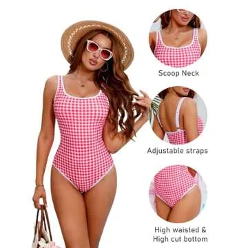 BMJL Women's Tummy Control Swimsuits Ribbed One Piece Bathing Suit Slimming High Cut Monokini Swimwear(L,Red Plaid)