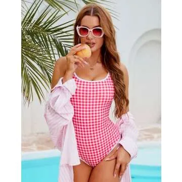 BMJL Women's Tummy Control Swimsuits Ribbed One Piece Bathing Suit Slimming High Cut Monokini Swimwear(L,Red Plaid)