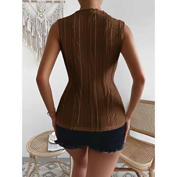 Verdusa Women's Sleeveless Mock Neck Textured Tank Top Mocha Brown M