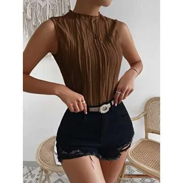 Verdusa Women's Sleeveless Mock Neck Textured Tank Top Mocha Brown M